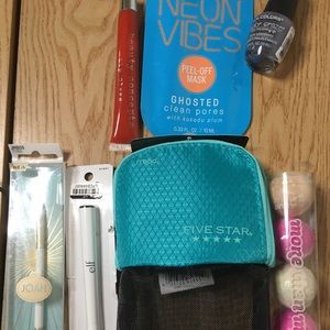 New Bundle 7pc Make-Up Bag Liner Lip Gloss Nail Polish Brow Brush Bath Bomb Set